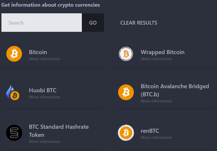 Crypto Finder - search results